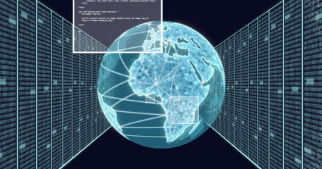 Image of binary codes, computer language, rotating globe and server racks over black background