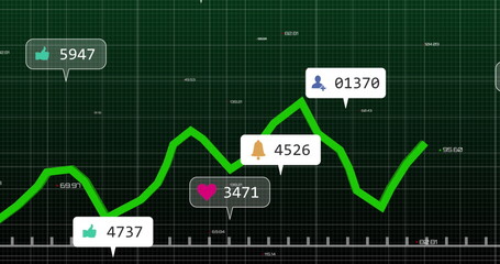 Image of notification bars over graphs and changing numbers against abstract background