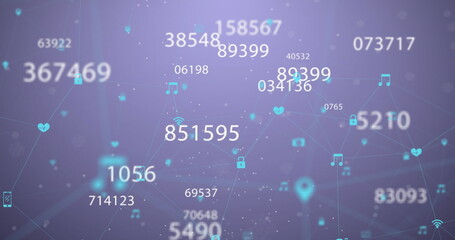 Image of multiple changing numbers and network of digital icons against purple background