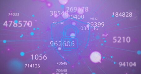 Image of multiple changing numbers and security padlock icon against purple background