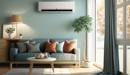 Air conditioner in the living room. 3d render illustration.