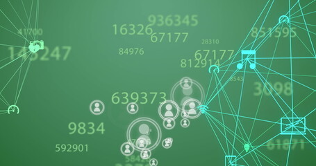 Image of changing numbers, profile icons, spinning globes of digital icons on green background