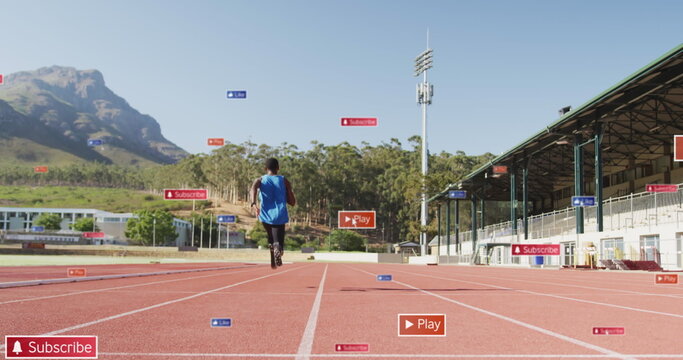 Fototapeta Image of notification bars over african american athlete practicing running on race track