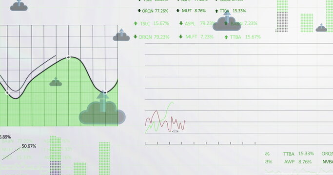 Image of arrow in clouds with multiple graphs and trading boards over white background