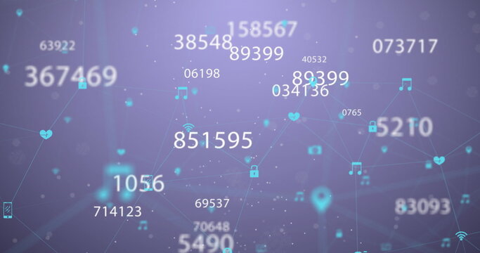 Image of multiple changing numbers and network of digital icons against purple background