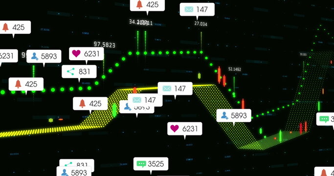 Image of social media icons floating over financial data processing against black background