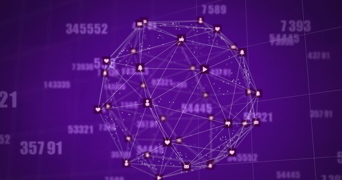 Image of multiple changing numbers and spinning globe of digital icons against purple background - Powered by Adobe