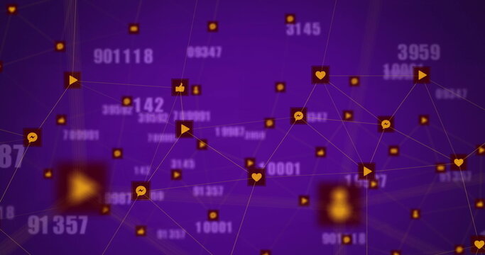 Image of multiple changing numbers and network of digital icons against purple background - Powered by Adobe