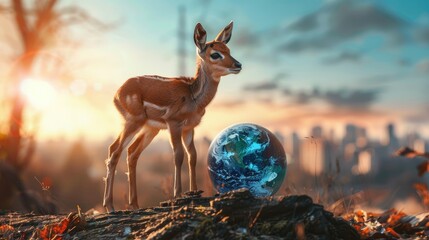 A young deer stands beside a miniature Earth against a dramatic sunset backdrop