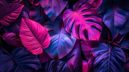 Afwasbaar fotobehang Tropical leaves glowing in neon pink and purple tones. © Ashley