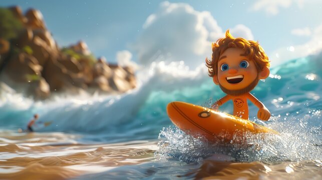 3D cartoon man with a beard and a surfboard, catching waves, beach scene