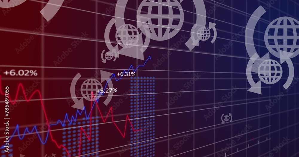Poster image of arrow around globes, graphs with changing numbers over black background