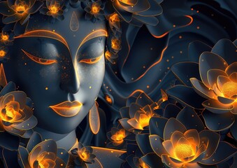 Abstract woman face with blue skin and golden flowers and lights on dark background