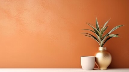 Vase with plant on orange wall background. 3d rendering.
