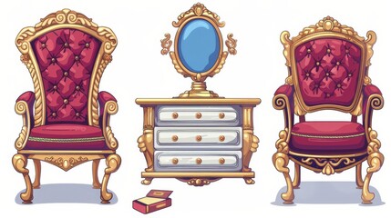 Luxury bedroom interior with royal chair and bedside tables. Modern cartoon set of vintage furniture, a nightstand with drawer, and a golden armchair with red upholstery.