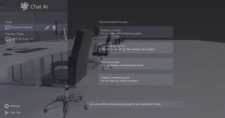 Chat ai logo and conversation text over desks and chairs in empty business office