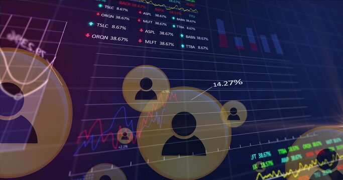 Image of profile icons, multiple graphs, trading boards, computer language over black background - Powered by Adobe
