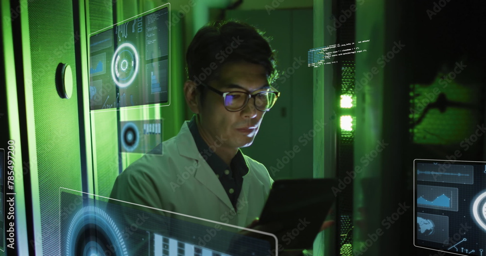 Poster image of data processing over asian businessman by computer servers
