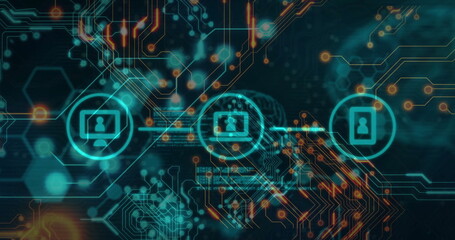 Image of flowchart icons and computer language over circuit board pattern