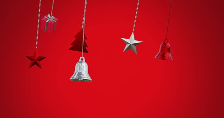 Image of bells, star, gift box swinging against red background