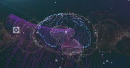 Image of viewfinders, human brain and dynamic wave pattern over abstract background