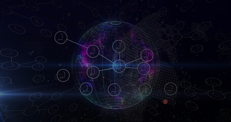 Image of flowcharts of profile icons, lens flare and rotating globe against black background - Powered by Adobe