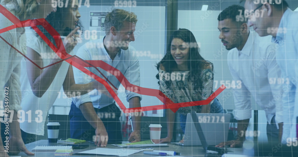 Poster image of red lines and data processing over diverse business people in office