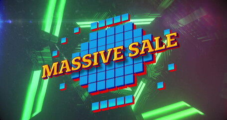 Image of massive sale text over blue squares on neon background