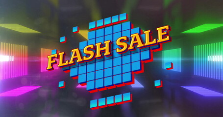 Image of flash sale text over blue squares on neon background