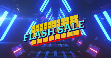 Image of flash sale text over blue squares on neon background
