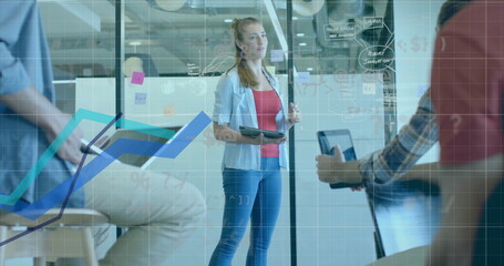 Image of blue line and data processing over diverse business people in office