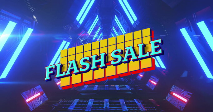 Image of flash sale text over blue squares on neon background