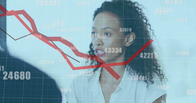 Image of red lines and data processing over diverse business people in office