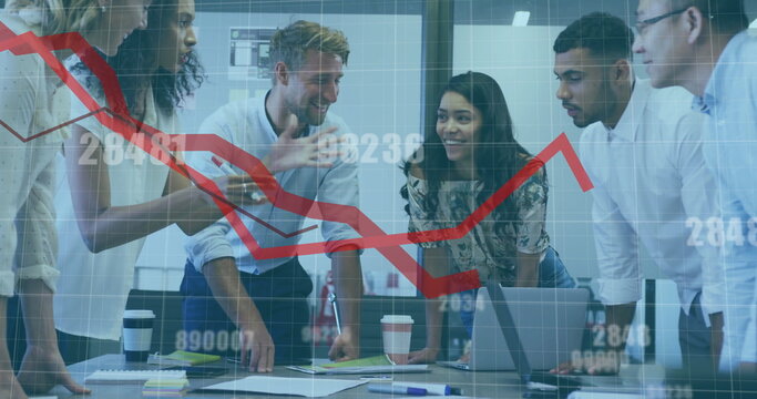Image of red lines and data processing over diverse business people in office