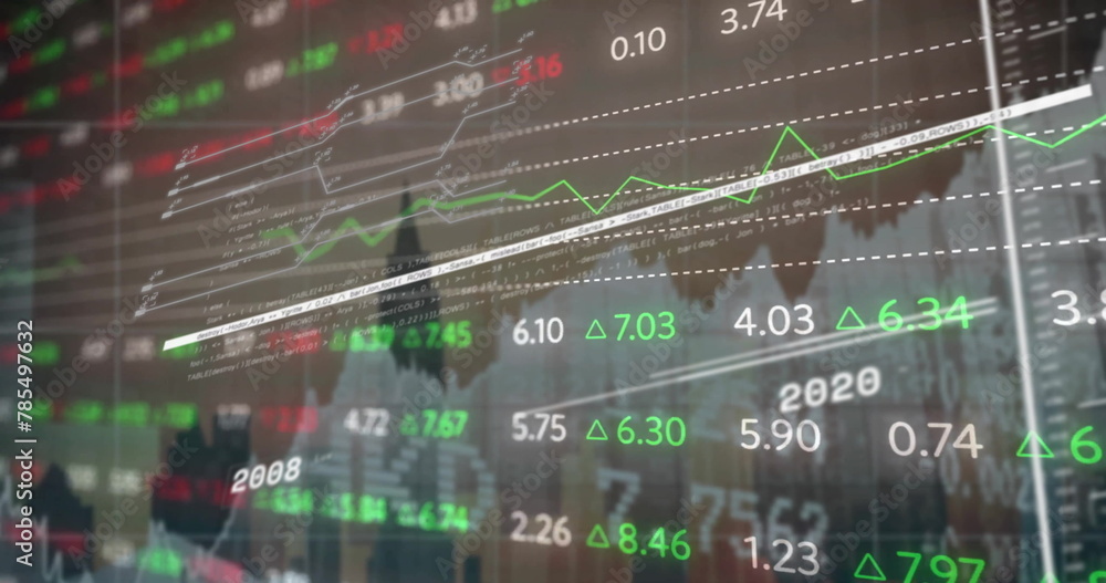 Poster image of financial data processing over cityscape on dark background