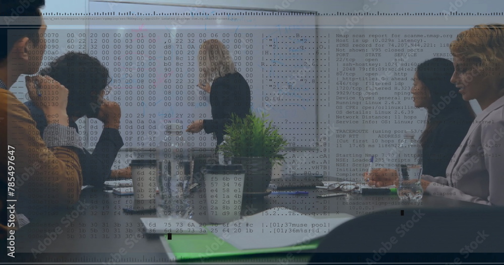 Poster image of financial data processing over diverse business people in office