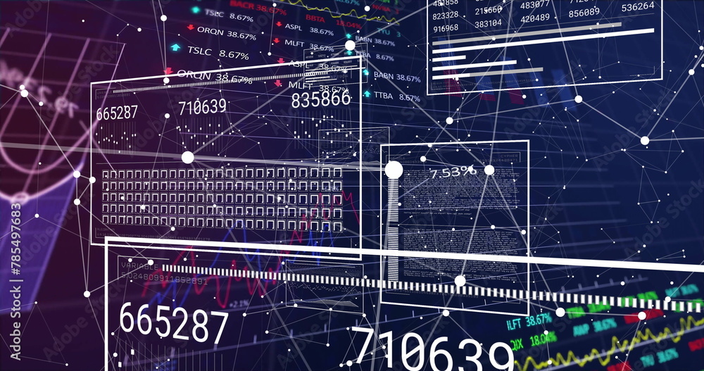 Poster image of financial data processing and network of connections on black background