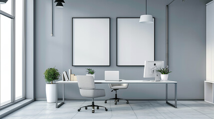 modern office interior with chairs and table, frames on the walls, light room