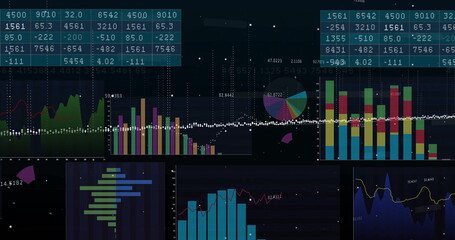 Image of financial data processing on black background