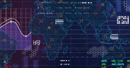 Image of financial data processing and world map on black background