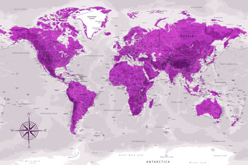 World Map - Highly Detailed Vector Map of the World. Ideally for the Print Posters. Amethyst Lilac Purple Colors. With Relief and Depth
