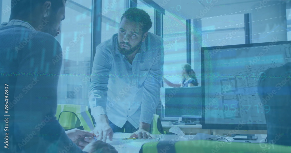 Poster image of financial data processing over diverse architects having meeting in office