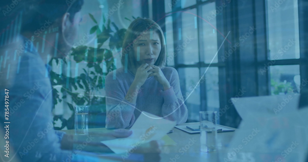 Aufkleber image of financial data processing over diverse colleagues having meeting in office
