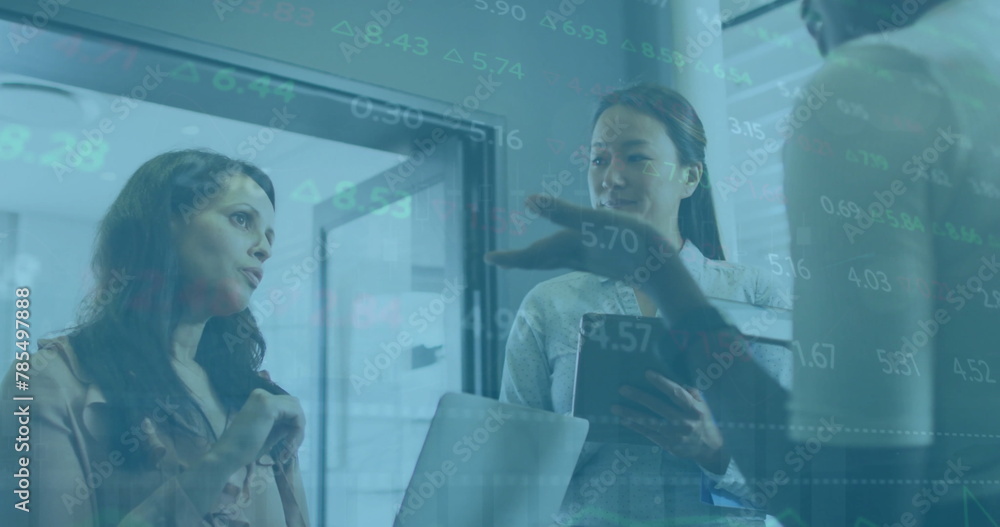 Poster image of financial data processing over diverse colleagues having meeting in office