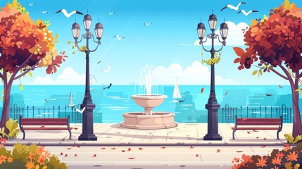 Seafront scene with fountains, benches and vintage fence. Cartoon seascape with quays, empty ocean promenades, street lamps, and gulls. - obrazy, fototapety, plakaty