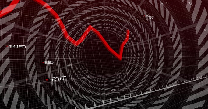 Image of financial data processing over circles on dark background