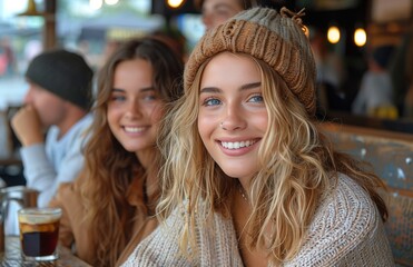 Two young women enjoy coffee, laughter, and friendship at an outdoor cafe table