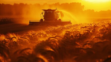 Fototapeta premium A harvester moving through a field of wheat at dusk, its silhouette casting long shadows, accompanied by a banner of infographics detailing the annual grain production and consumption rates.