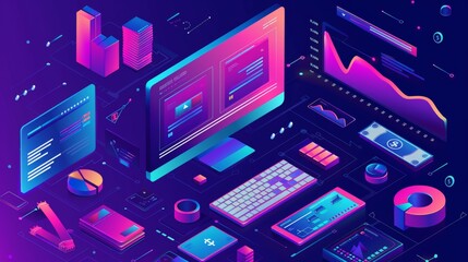 Isometric icon of recurring income icons on computer monitor, charts, diagram of recurring income. Banner representing fixed earnings and payments. - obrazy, fototapety, plakaty