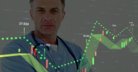 Image of financial data processing over caucasian male doctor